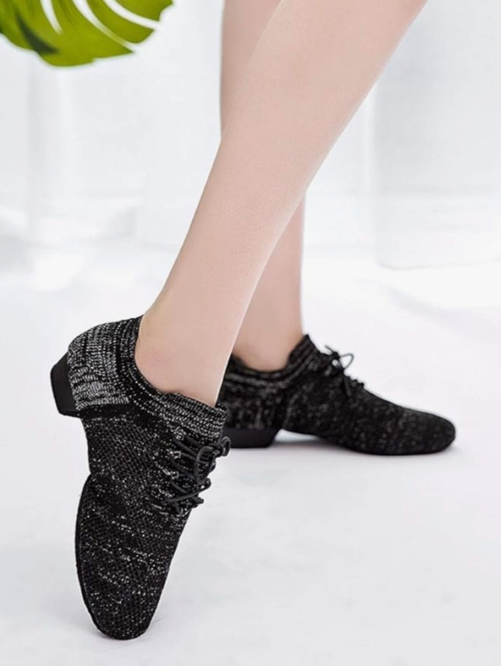 Black Knit Lace-Up Women's Dance Sneakers Split Sole 8.5